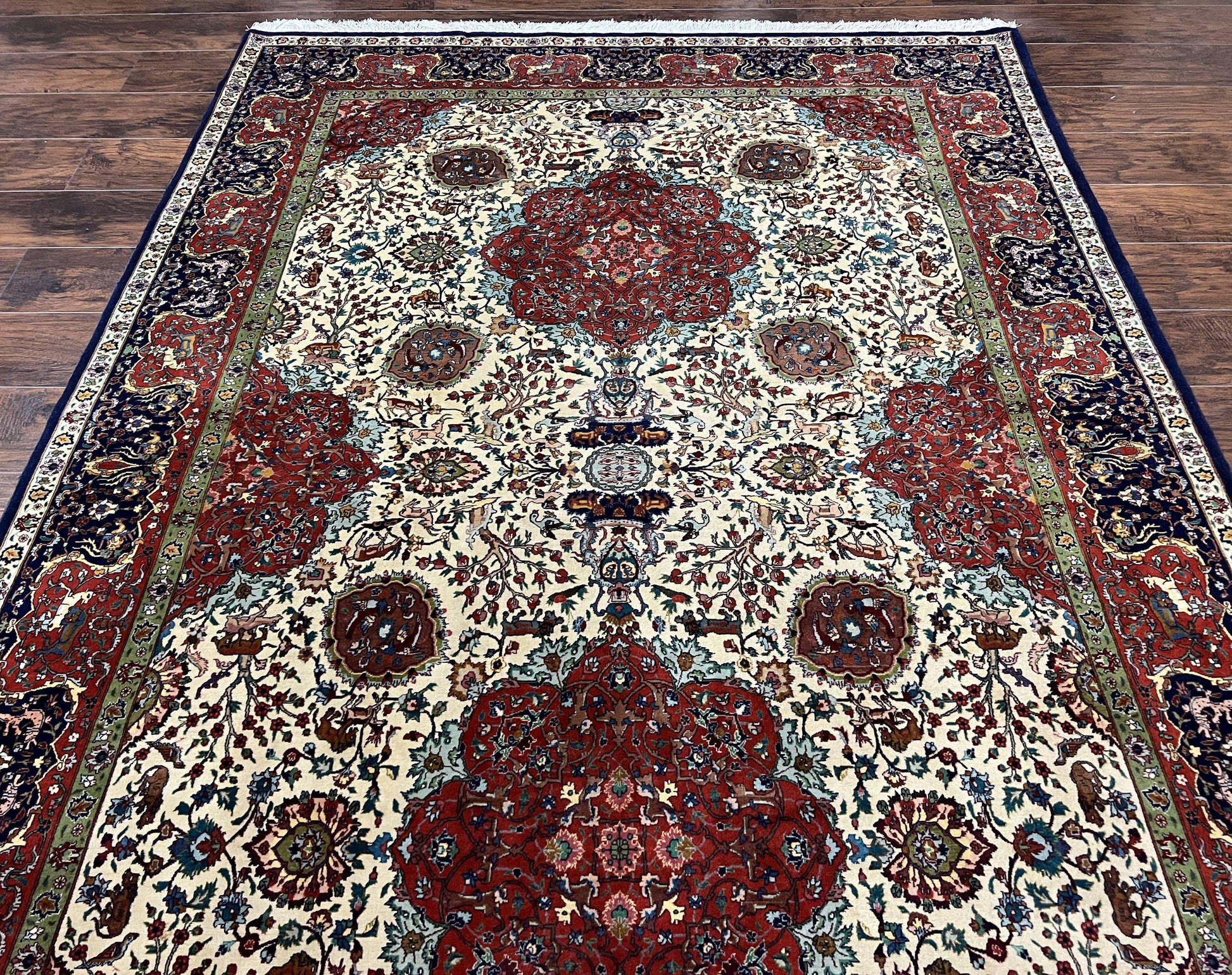 Wonderful Sino Persian Rug 6x10 with Animal Pictorial Motifs, Cream Dark Red Navy Blue, Birds Gazelles, Two Medallions, Top Quality Handmade - Nuvé