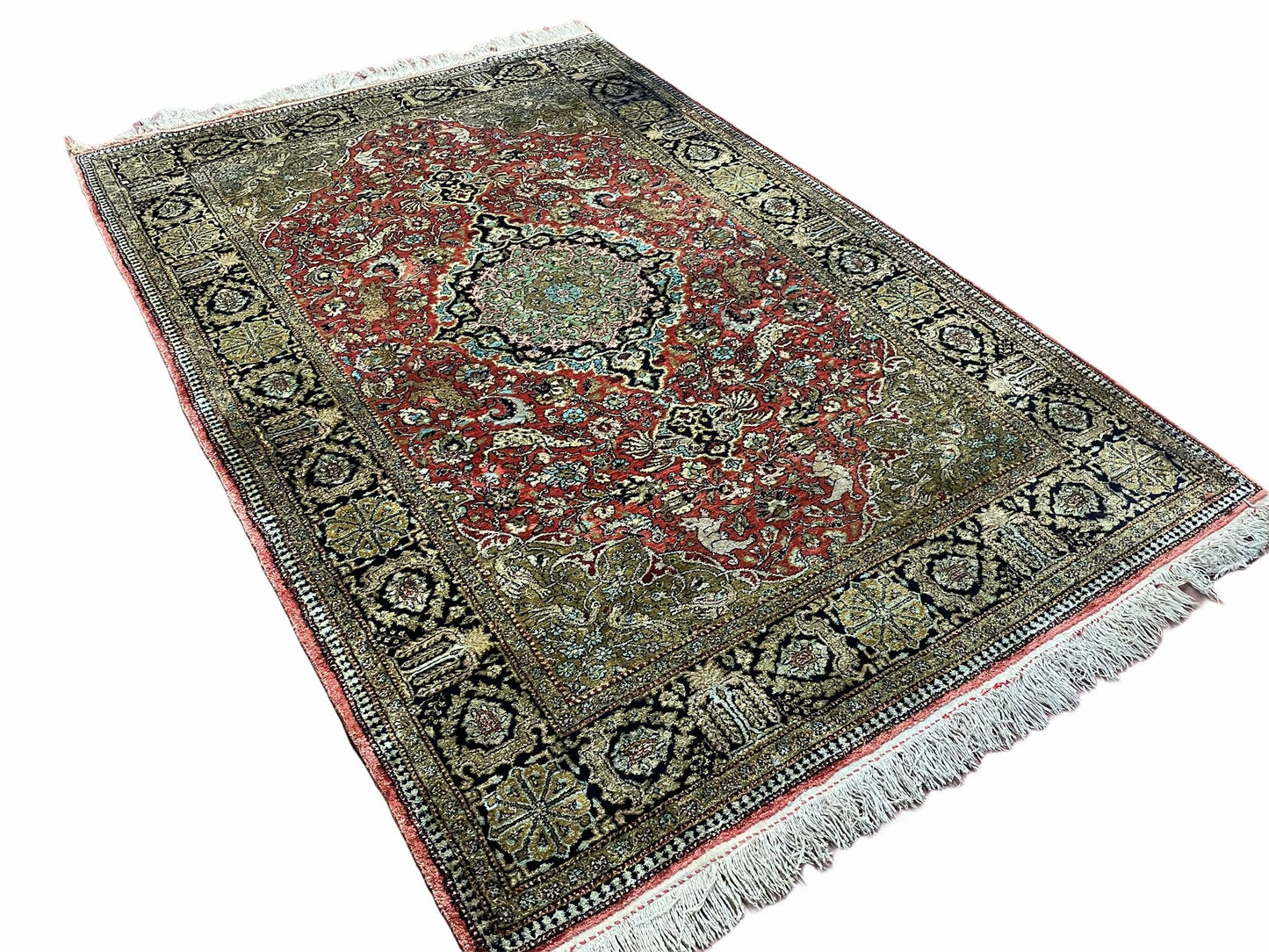 Persian Qum Silk Rug 3.8 x 5.6, Silk on Silk, Animal Pictorials, Fine 330 KPSI - Nuvé