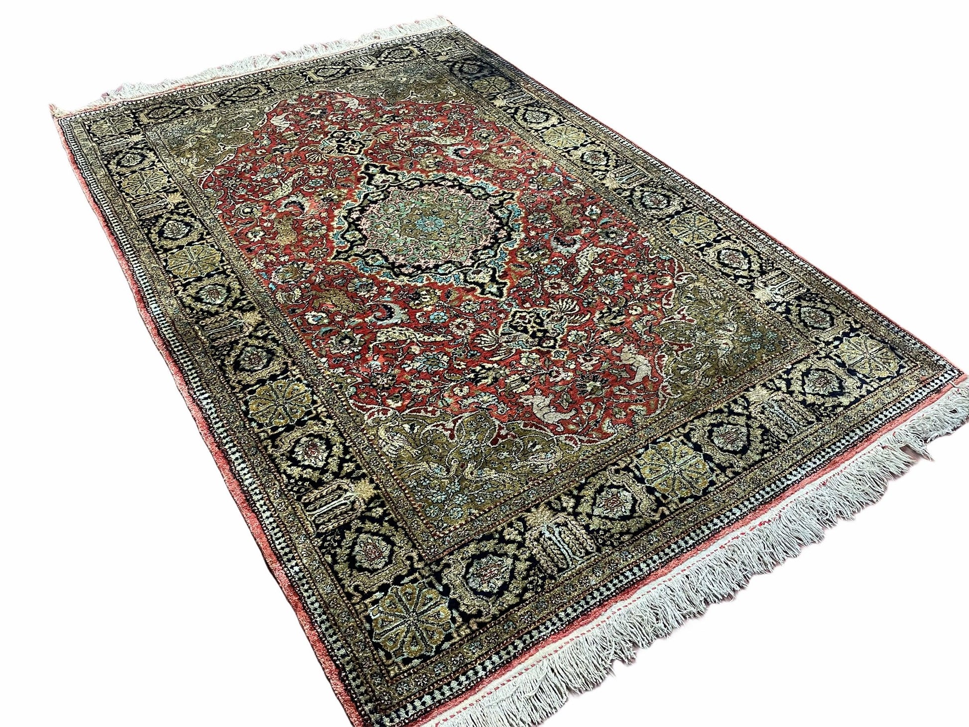Persian Qum Silk Rug 3.8 x 5.6, Silk on Silk, Animal Pictorials, Fine 330 KPSI - Nuvé