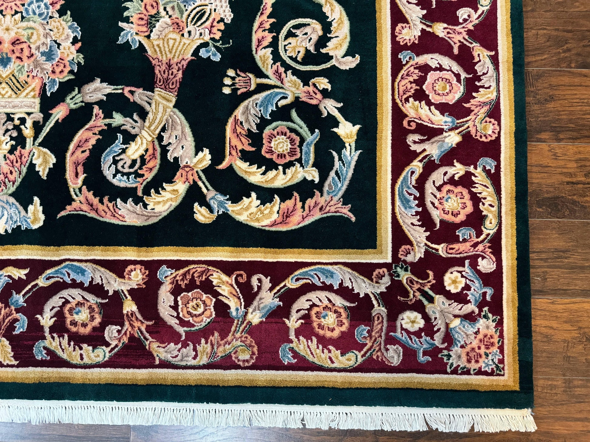 Aubusson Rug 9x12, Dark Green, European Design, Vintage Fine Handmade Carpet, Elegant - Nuvé