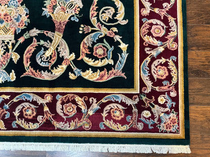 Aubusson Rug 9x12, Dark Green, European Design, Vintage Fine Handmade Carpet, Elegant - Nuvé