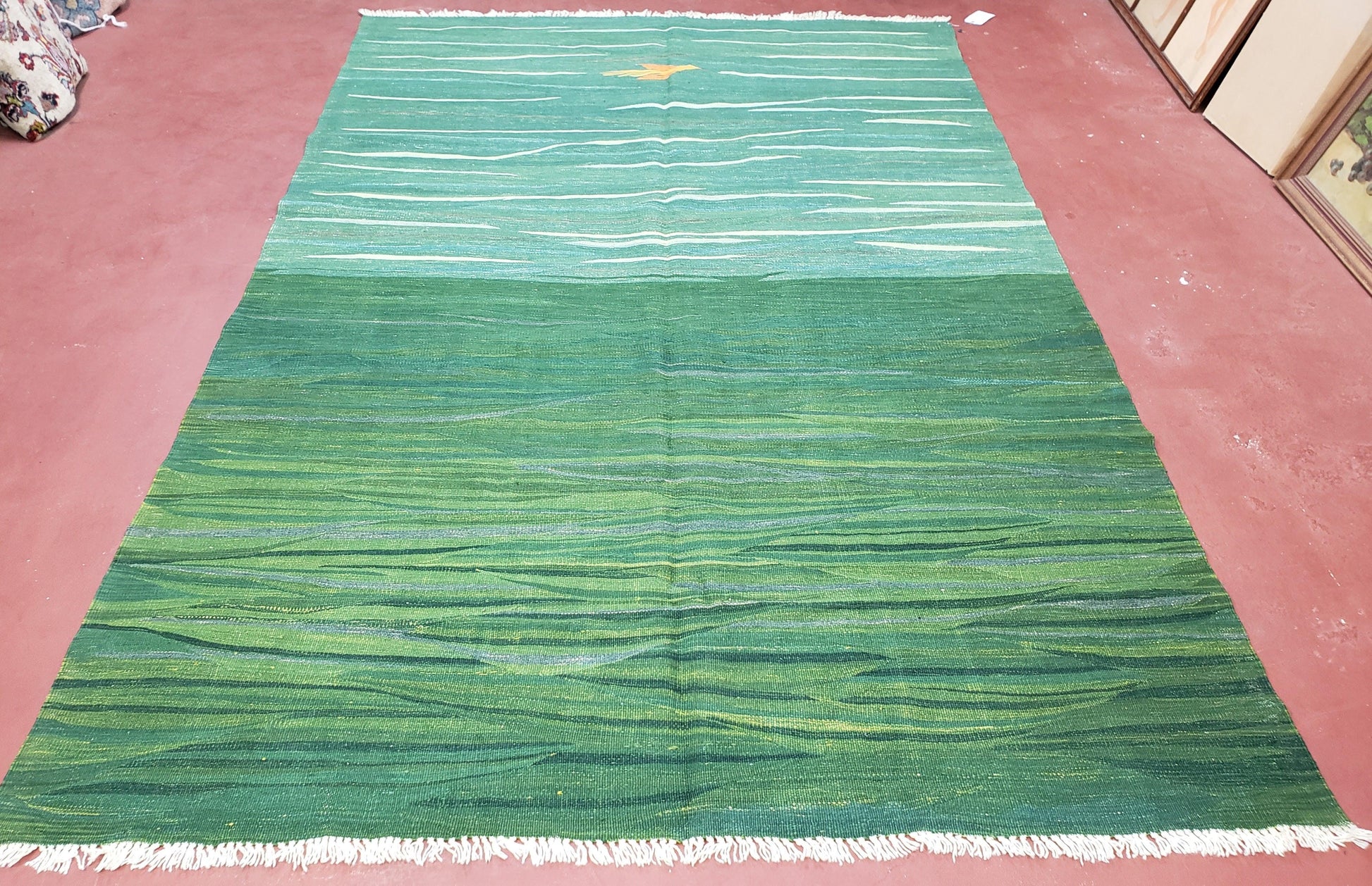 Green Turkish Kilim Rug, 6x9 - 7x10 Rugs, Bird, Handmade New Area Rug, Wool, Bohemian Boho Decor, Hand Woven, Modern Abstract Flat Weave Rug - Nuvé