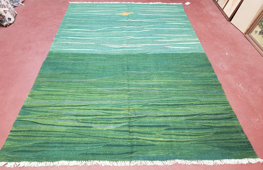 Green Turkish Kilim Rug, 6x9 - 7x10 Rugs, Bird, Handmade New Area Rug, Wool, Bohemian Boho Decor, Hand Woven, Modern Abstract Flat Weave Rug - Nuvé