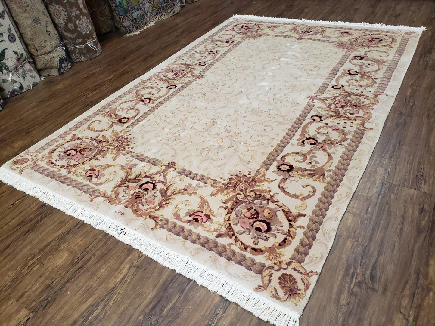 Vintage Ivory Chinese Aubusson Area Rug 6x9, Wool & Silk, Hand-Knotted 120 Line Fine Rug, European Design Carpet, 6 x 9 Master Signature Rug - Nuvé