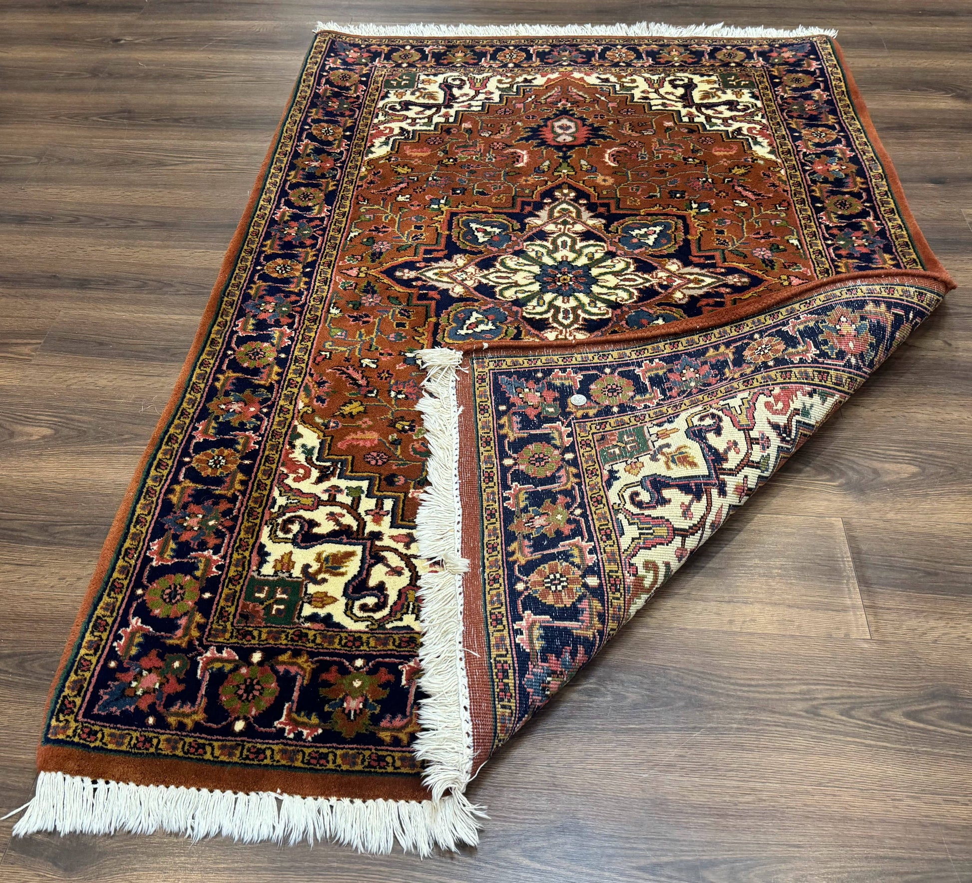 Indo Persian Heriz Rug 4x6, Rust Red Navy Blue and Cream - Nuvé