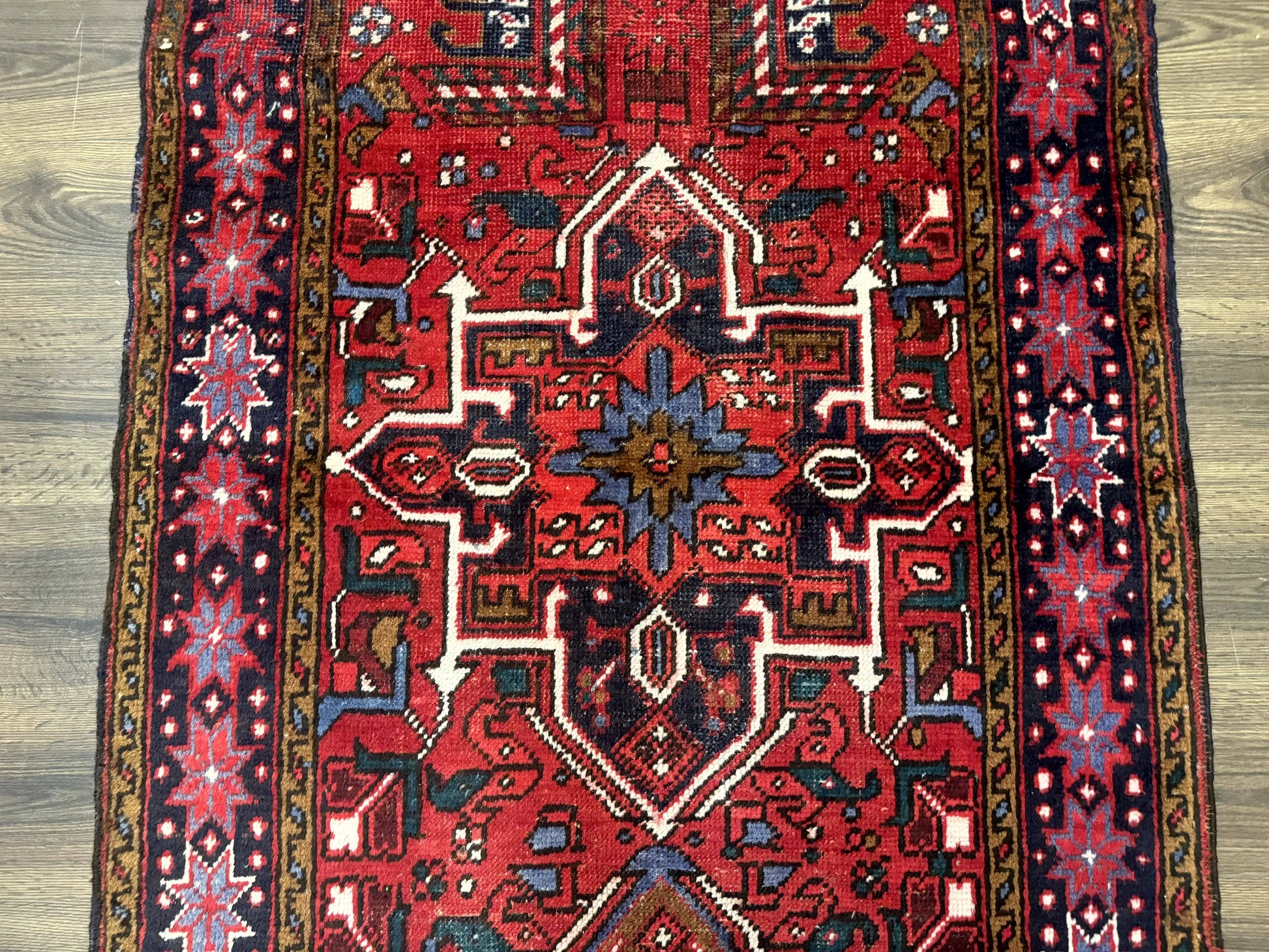 Persian Heriz Karajeh Runner Rug 3.7 x 12, Geometric Medallions, Red and Navy Blue - Nuvé