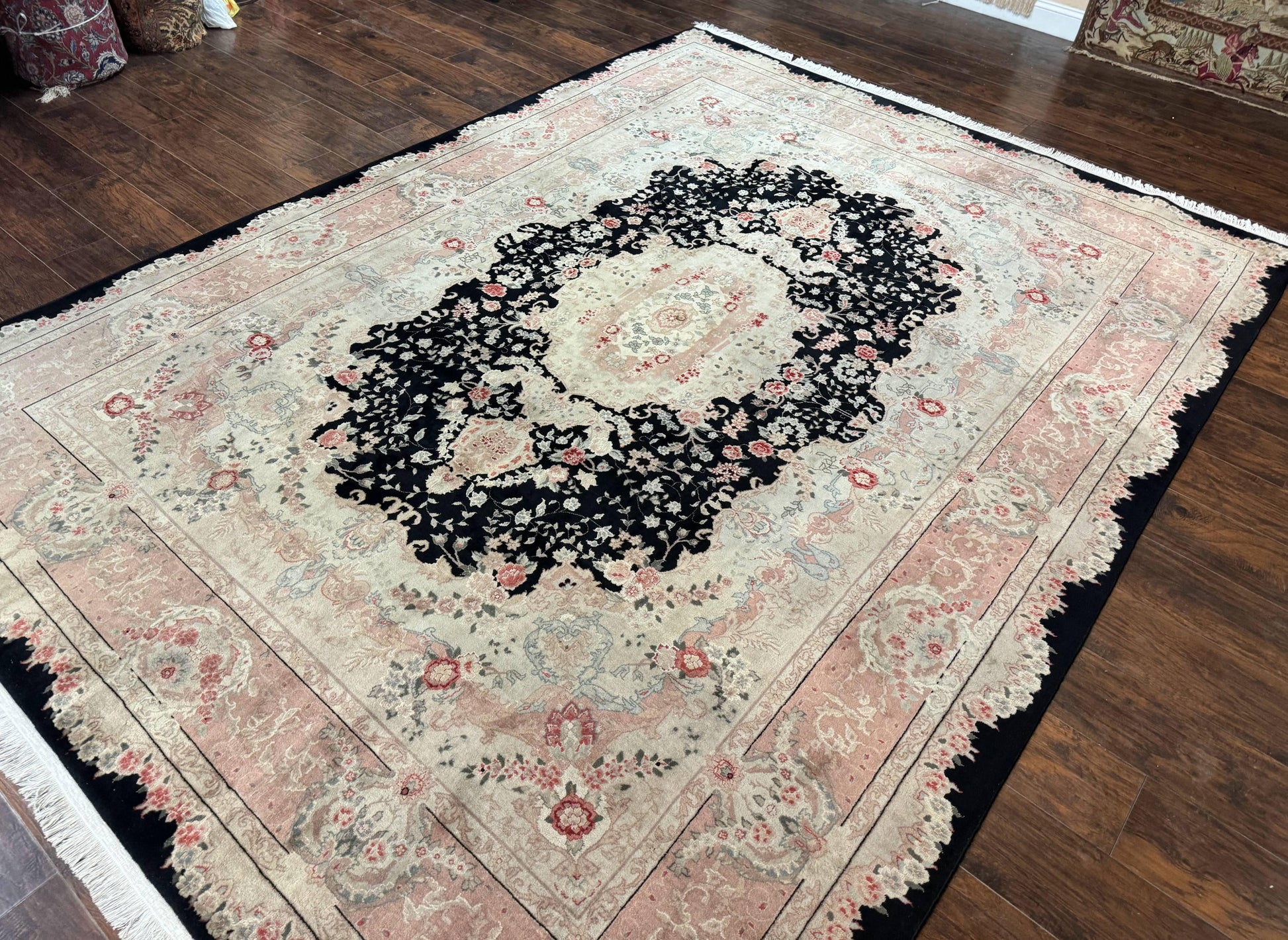 Pak Persian Tabriz Rug 8.6 x 11.6, Black Pink, Traditional Elegant Formal Oriental Carpet, Dining Room Rug, Fine 225 KPSI - Nuvé