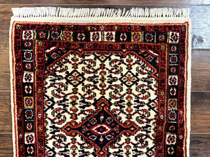 Indo Persian Bidjar Runner Rug 2.8 x 10, Vintage Rug for Hallway, 10ft Runner, Wool Handmade Ivory and Red, Medallions - Nuvé