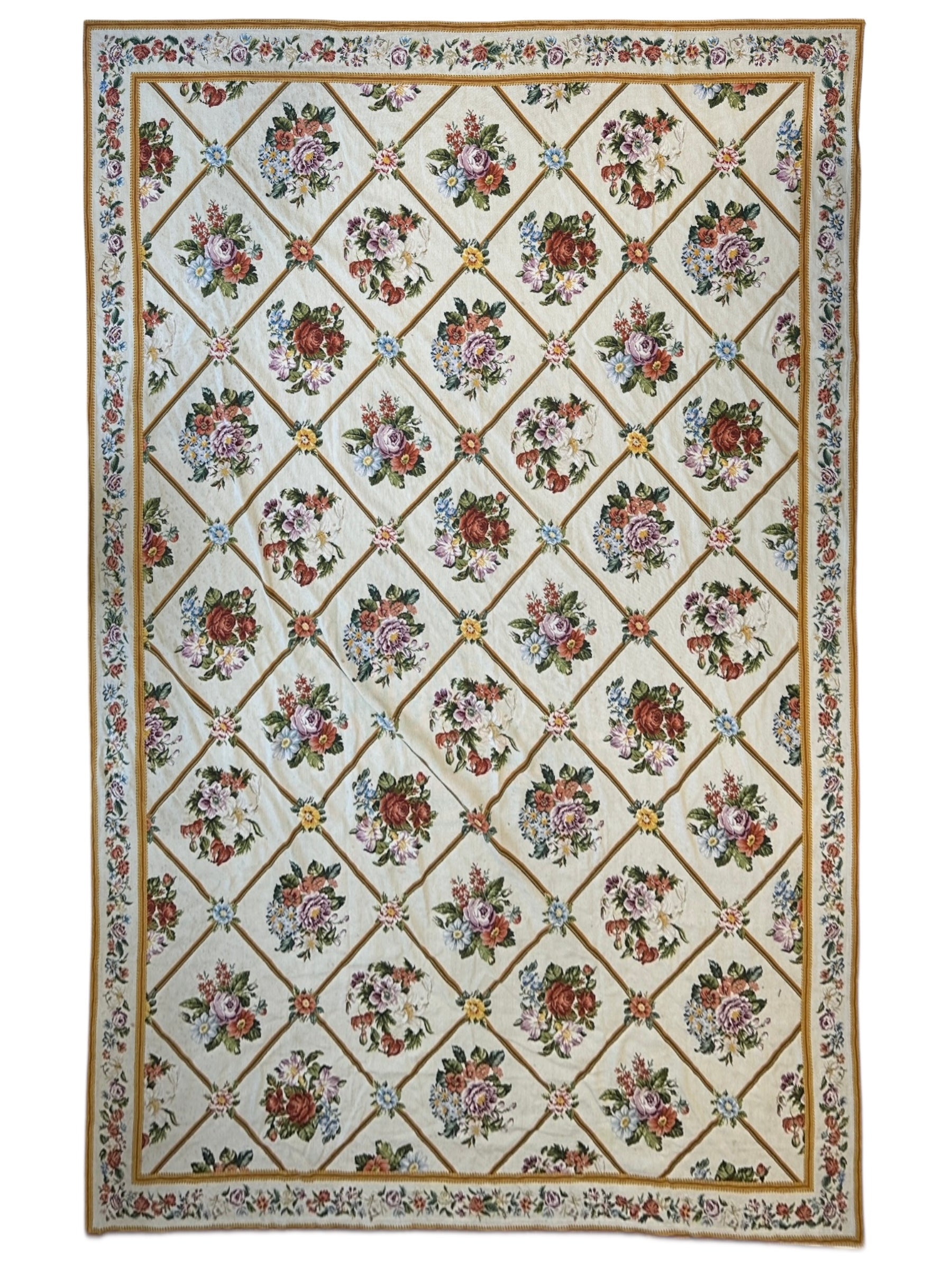 Handmade Needlepoint Floral Wool Rug – 9' 7" x 13' 5" – Vintage European Tapestry Style - Nuvé