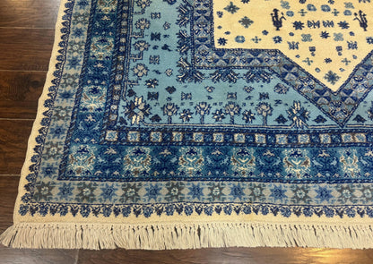 Moroccan Rug 7x10, Geometric Medallion, Blue and Ivory - Nuvé