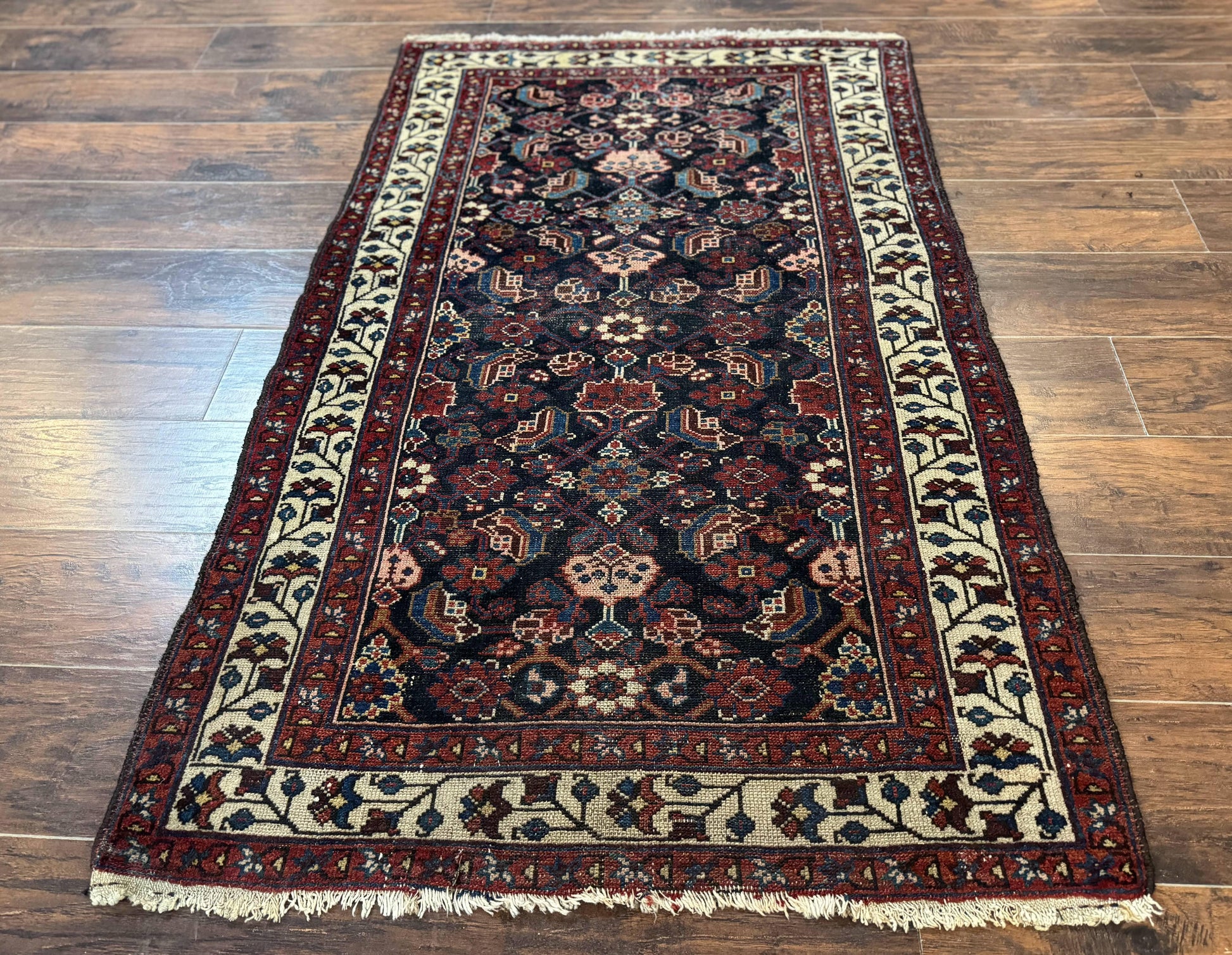 Navy Blue Antique Persian Rug 3x6, Blue and Ivory Persian Carpet, Handmade 1920s Hamadan Rug - Nuvé