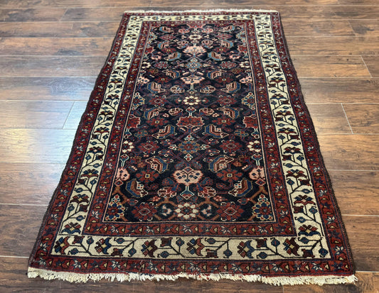Navy Blue Antique Persian Rug 3x6, Blue and Ivory Persian Carpet, Handmade 1920s Hamadan Rug - Nuvé