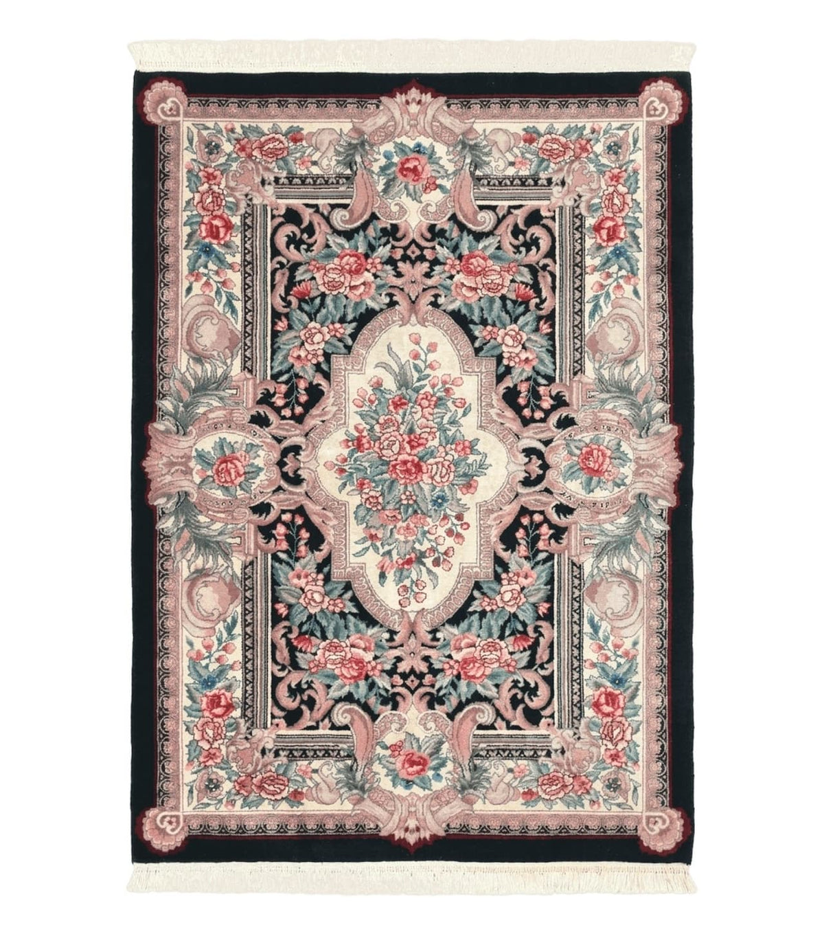 Aubusson Rug 4x6, Elegant European Floral Design, Black and Ivory, Fine 200 KPSI