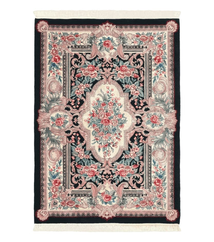 Aubusson Rug 4x6, Elegant European Floral Design, Black and Ivory, Fine 200 KPSI