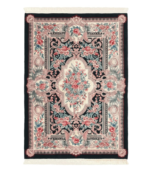 Aubusson Rug 4x6, Elegant European Floral Design, Black and Ivory, Fine 200 KPSI