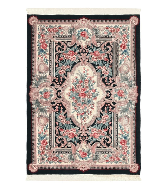 Aubusson Rug 4x6, Elegant European Floral Design, Black and Ivory, Fine 200 KPSI