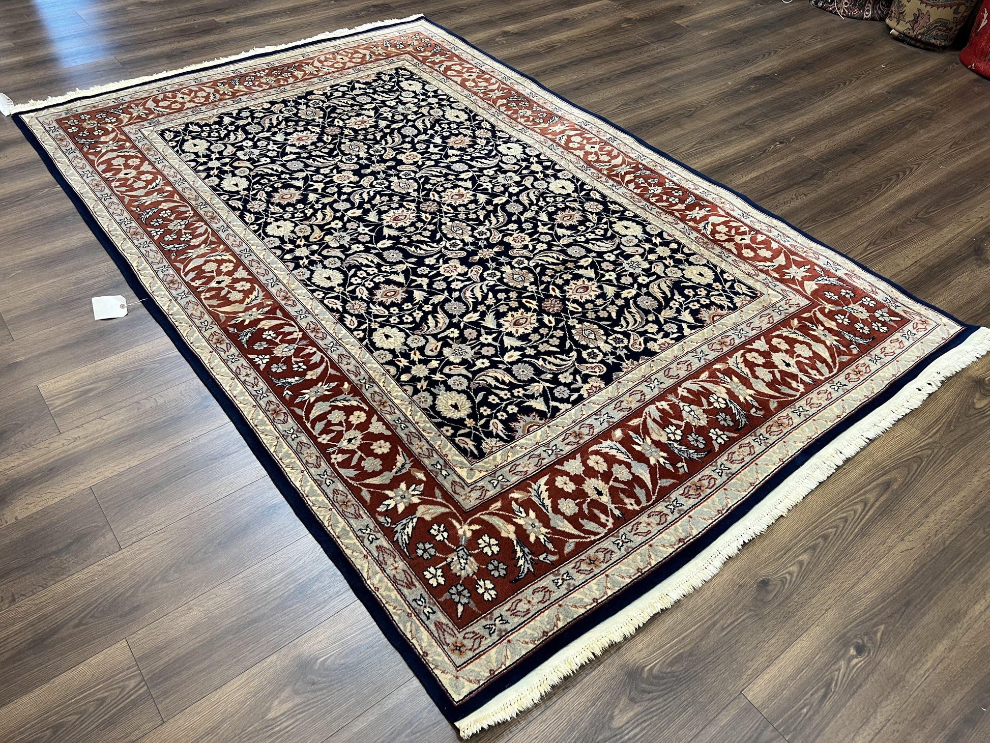 Indo Sarouk Rug 6x9, Vintage Indian Persian Rug, Wool Oriental Carpet, Navy Blue Red Allover Floral Rug, Traditional Very Fine Rug, Area Rug - Nuvé