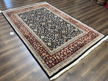 Indo Sarouk Rug 6x9, Vintage Indian Persian Rug, Wool Oriental Carpet, Navy Blue Red Allover Floral Rug, Traditional Very Fine Rug, Area Rug - Nuvé