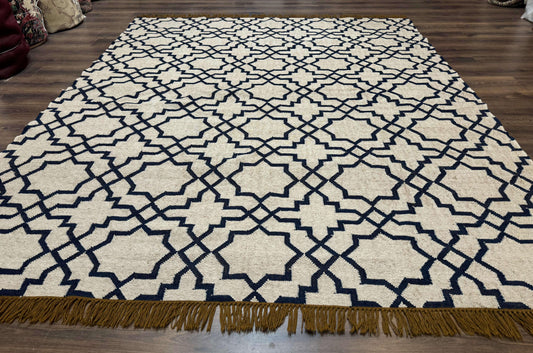 Indian Kilim Rug 8x10, Oat and Navy Blue, Dhurrie Carpet, Handmade, Wool - Nuvé