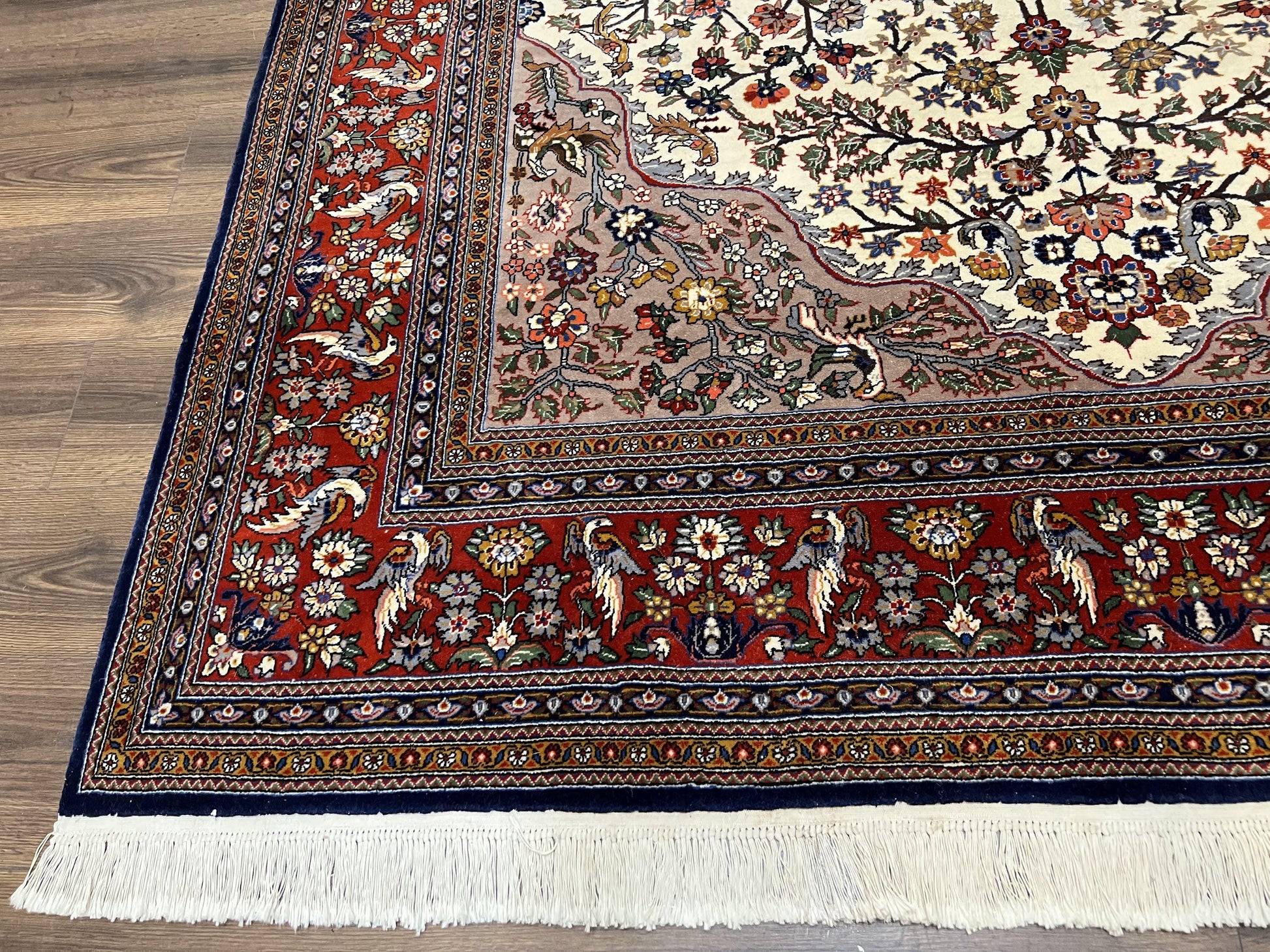 Beautiful Sino Persian Rug 7x10, Circle of Life Tree of Life Rug, Birds, Cream Red Navy Blue Taupe, Wool Silk Accents, Hand Knotted Vintage - Nuvé