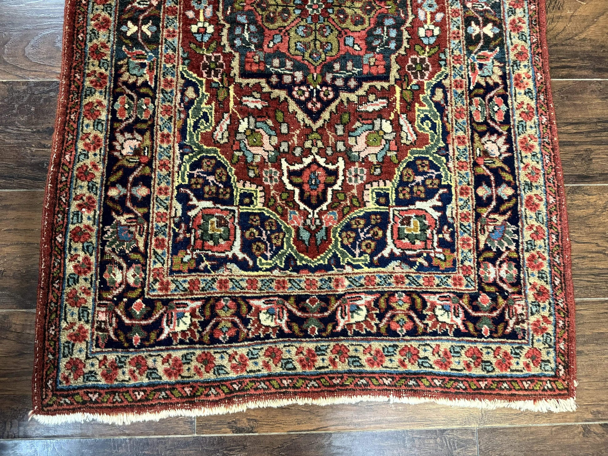 Antique Persian Tabriz Rug 3x5, Brick Red Navy Blue, Floral Medallion, Small Persian Carpet - Nuvé