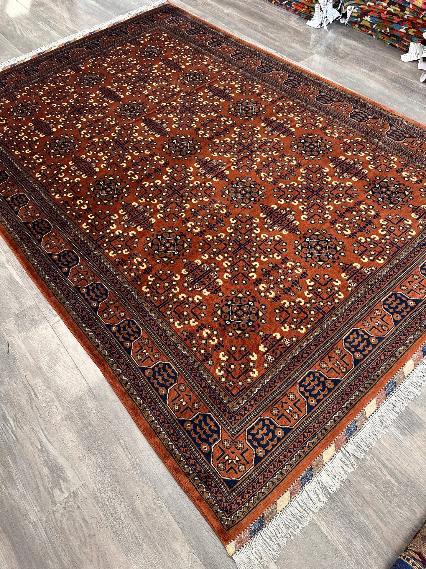 Hand-Knotted Afghani Bukharayi Rug | 6'7" x 10' Wool Area Carpet – Traditional Geometric Design - Nuvé