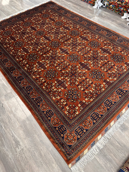 Hand-Knotted Afghani Bukharayi Rug | 6'7" x 10' Wool Area Carpet – Traditional Geometric Design - Nuvé