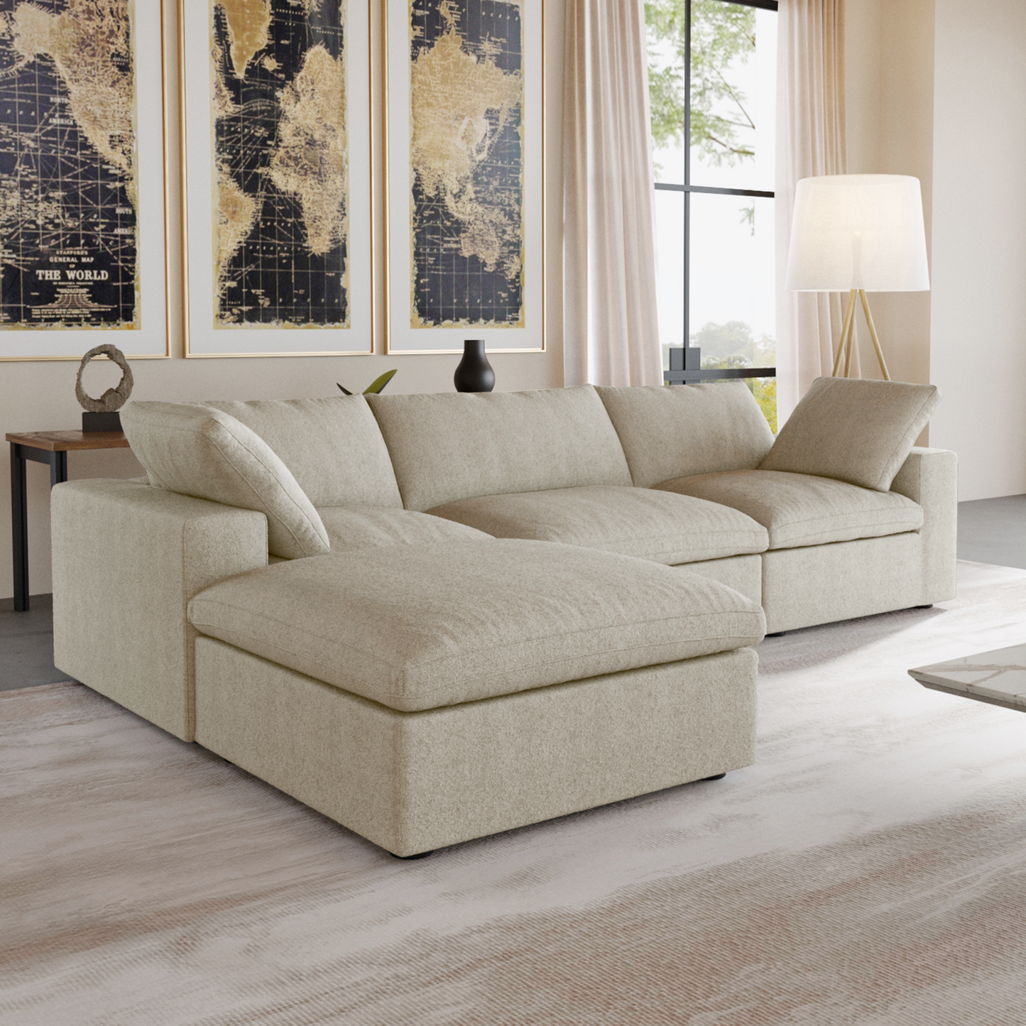 Nuvé® Solace Modular Bouclé Cloud Sofa - Khaki - 3-Seater Sectional Sofa with Ottoman - Nuvé