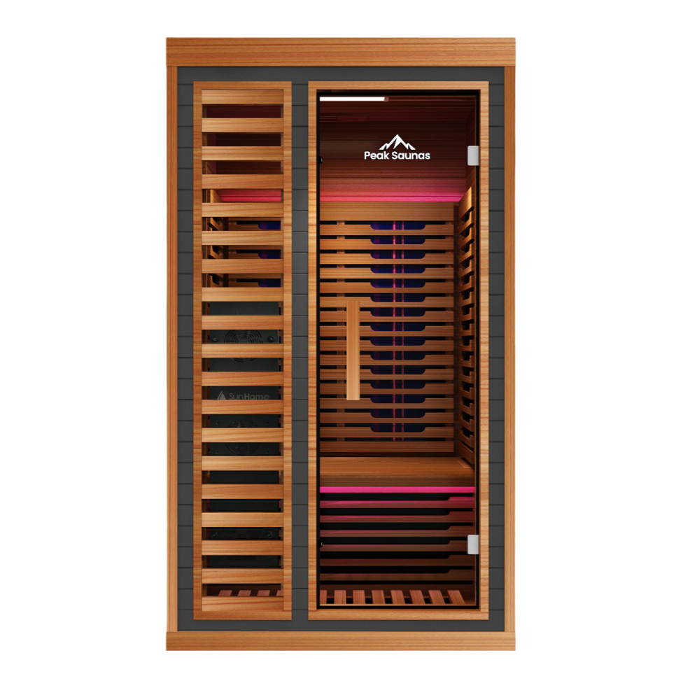 Peak Saunas Rainier 1-Person Full Spectrum Infrared Sauna with XL Medical-Grade Red Light Therapy & Smart WiFi App Control - Nuvé