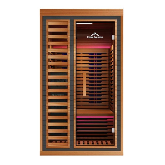 Peak Saunas Rainier 1-Person Full Spectrum Infrared Sauna with XL Medical-Grade Red Light Therapy & Smart WiFi App Control - Nuvé