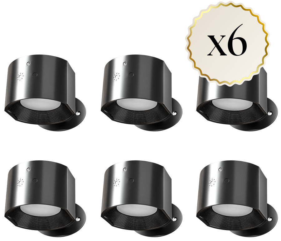 Six black outdoor wall lights with a brand logo on a white background