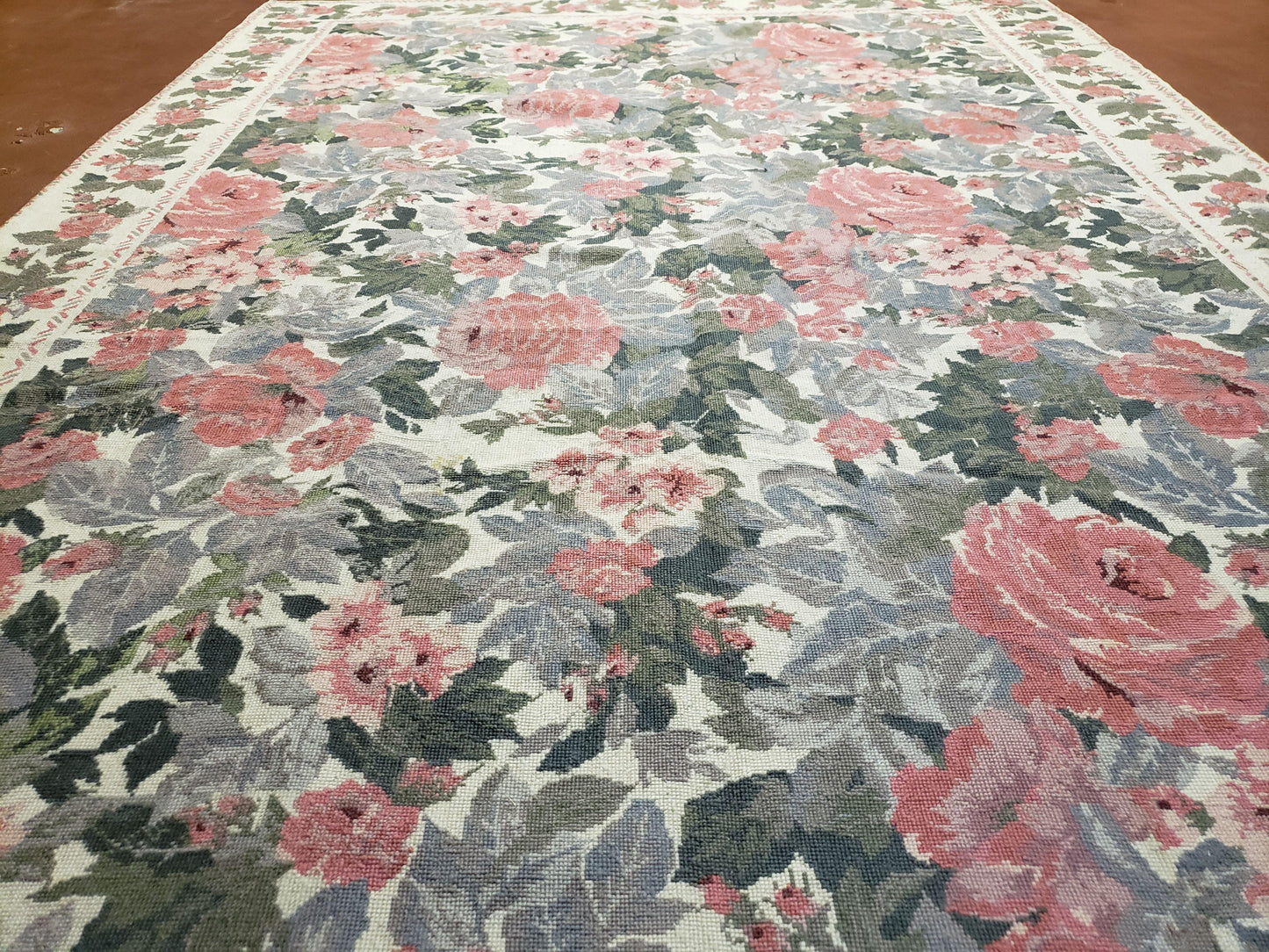 5x8 Needlepoint Rug 5' 4" x 8' 3" Wool Flat Weave Floral New Unused Carpet English Design Ivory Large Pink Flowers Green Leaves Hand-Knotted - Nuvé