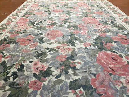 5x8 Needlepoint Rug 5' 4" x 8' 3" Wool Flat Weave Floral New Unused Carpet English Design Ivory Large Pink Flowers Green Leaves Hand-Knotted - Nuvé