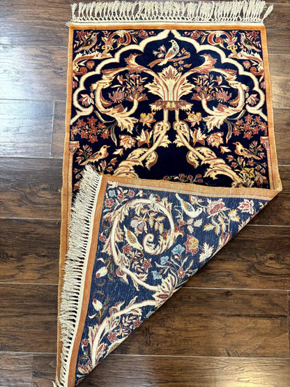 Persian Isfahan Rug 2x4, Birds, Navy Blue, Kork Wool on Silk Foundation, 460 KPSI - Nuvé