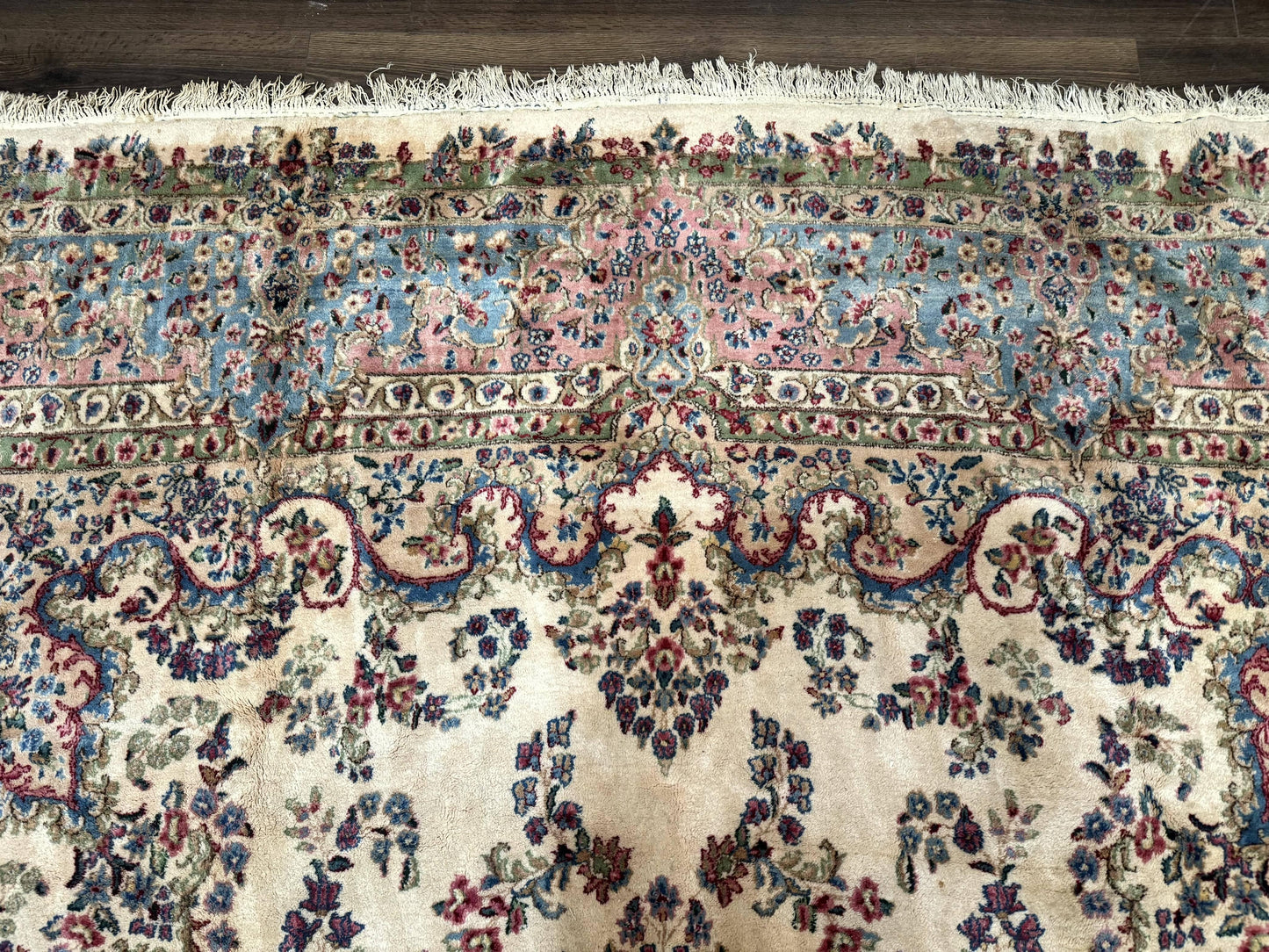 Palace Size Persian Kerman Rug 11x20 ft, Very Fine 340 KPSI, Vintage Oversized Wool Handmade Large Persian Carpet, Beige Light Blue Pink - Nuvé