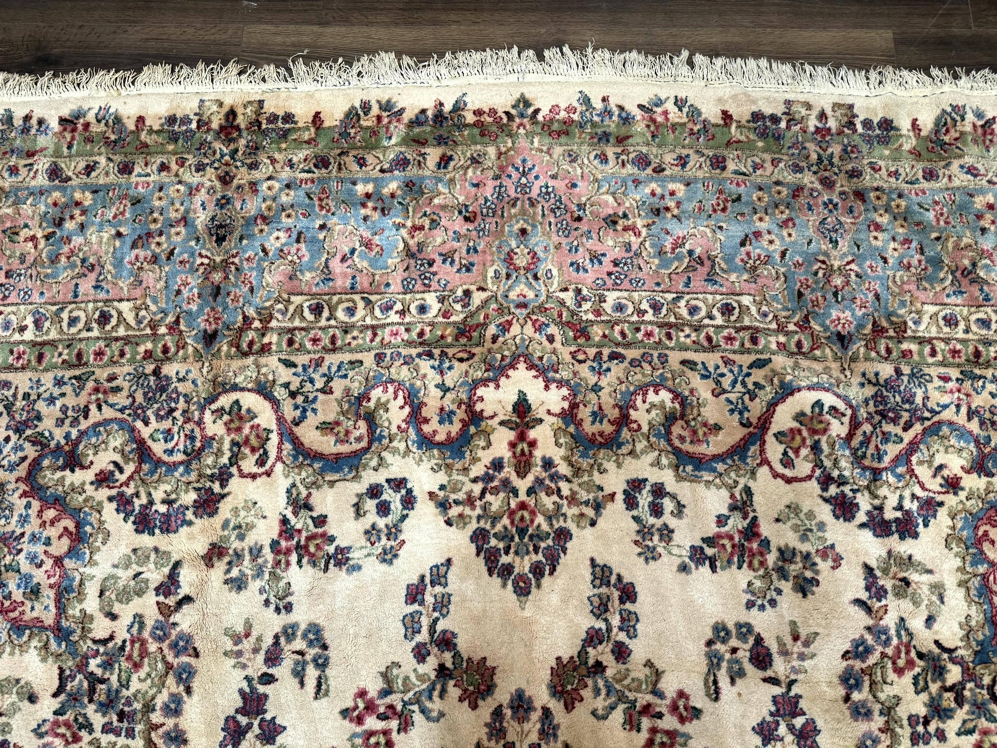 Palace Size Persian Kerman Rug 11x20 ft, Very Fine 340 KPSI, Vintage Oversized Wool Handmade Large Persian Carpet, Beige Light Blue Pink - Nuvé