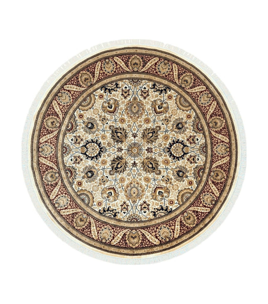 Round Pak Persian Rug 8x8, Vintage Handmade Wool Traditional Carpet, Beige Dark Red, Fine 270 KPSI