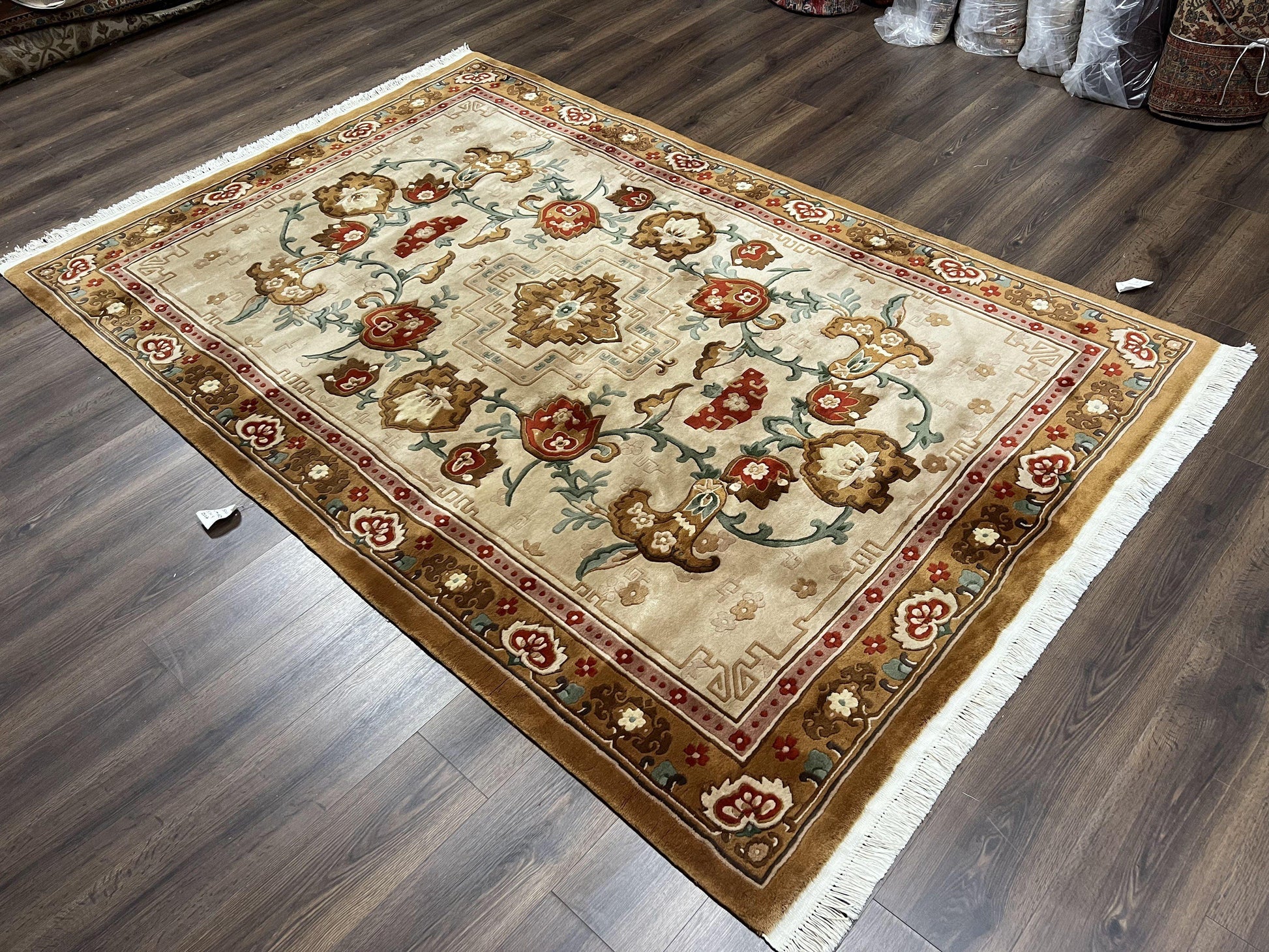 Chinese Wool Rug 5.9 x 9, Tan and Brown Asian Art Deco Carpet, Vintage 1960s Oriental Rug, Hand-Knotted Rug, Soft Wool, Medallion, Pair B - Nuvé