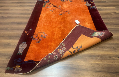 Chinese Art Deco Rug 5x8, Antique Chinese Wool Rug, Nichols Rug, Rare Chinese Carpet, Orange and Purple-Maroon - Nuvé