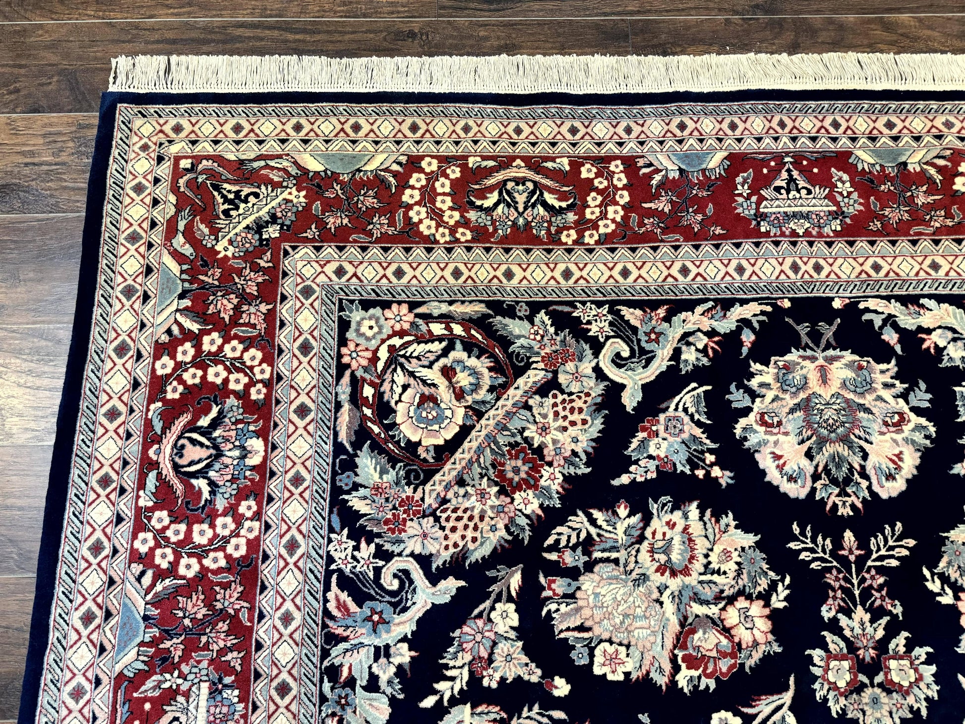 Sino Persian Rug 8x10, Floral Kirman Carpet, Navy Blue and Red, Floral Vases, Handmade Vintage Wool Carpet, 320 KPSI - Nuvé