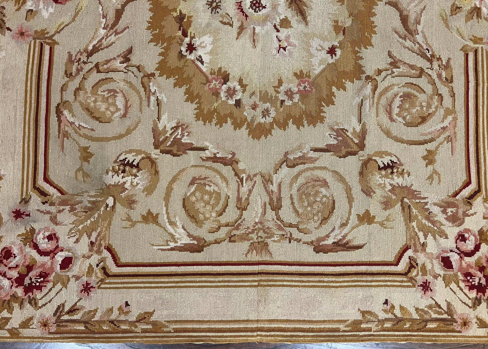 Aubusson Needlepoint Rug 4x5 ft, Beige and Tan, Aubusson Savonnerie Vintage Carpet, Handwoven Handmade Wool Rug, European Design Floral Rose - Nuvé
