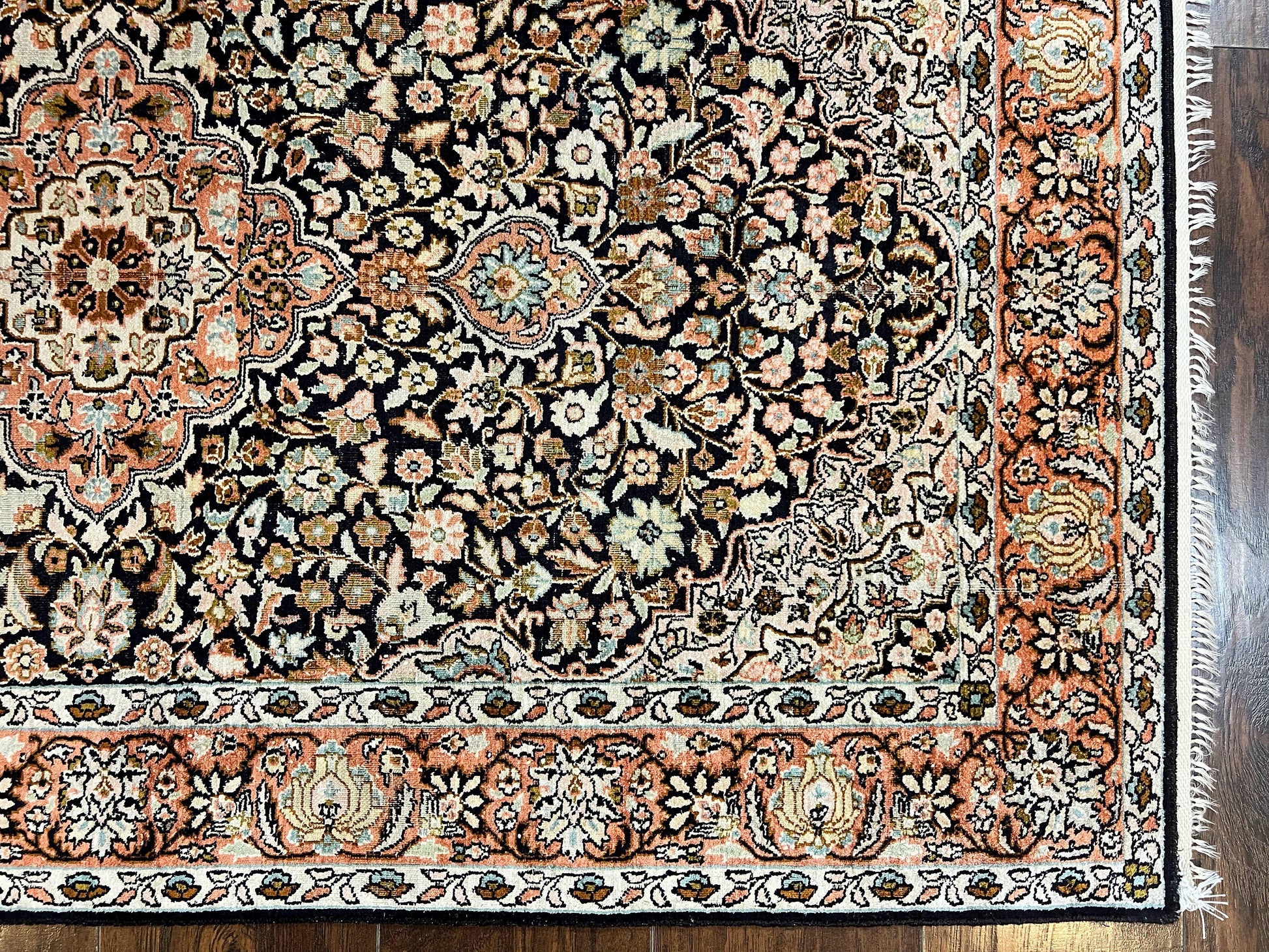 Silk Indian Kashmiri Rug 3x5, Indo Persian Silk on Silk Carpet, Very Fine 350 KPSI, Navy Blue, Handmade, Floral Medallion - Nuvé
