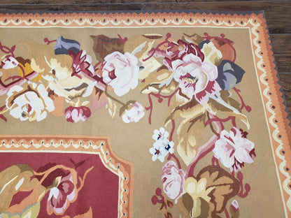 Vintage Chinese Aubusson Savonnerie Flat Pile Rug 9.9 x 14.5 Wool Handwoven Red & Khaki Large Flowers Rug 9x14 - 10x15 Michaelian Kolhberg - Nuvé