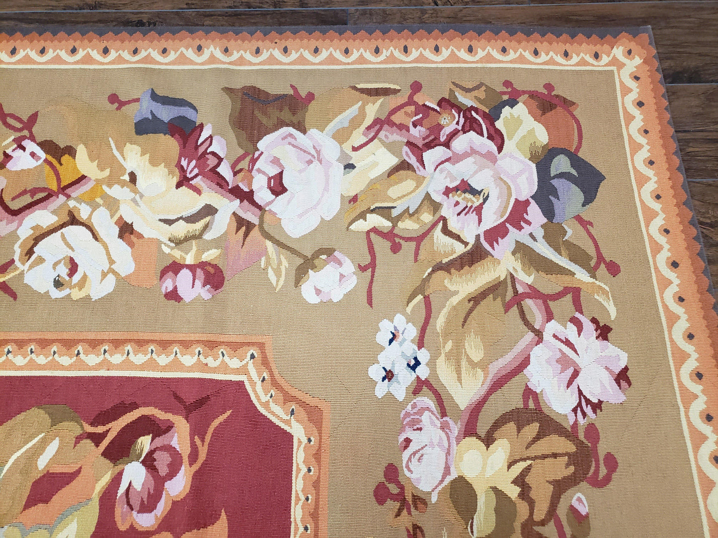 Vintage Chinese Aubusson Savonnerie Flat Pile Rug 9.9 x 14.5 Wool Handwoven Red & Khaki Large Flowers Rug 9x14 - 10x15 Michaelian Kolhberg