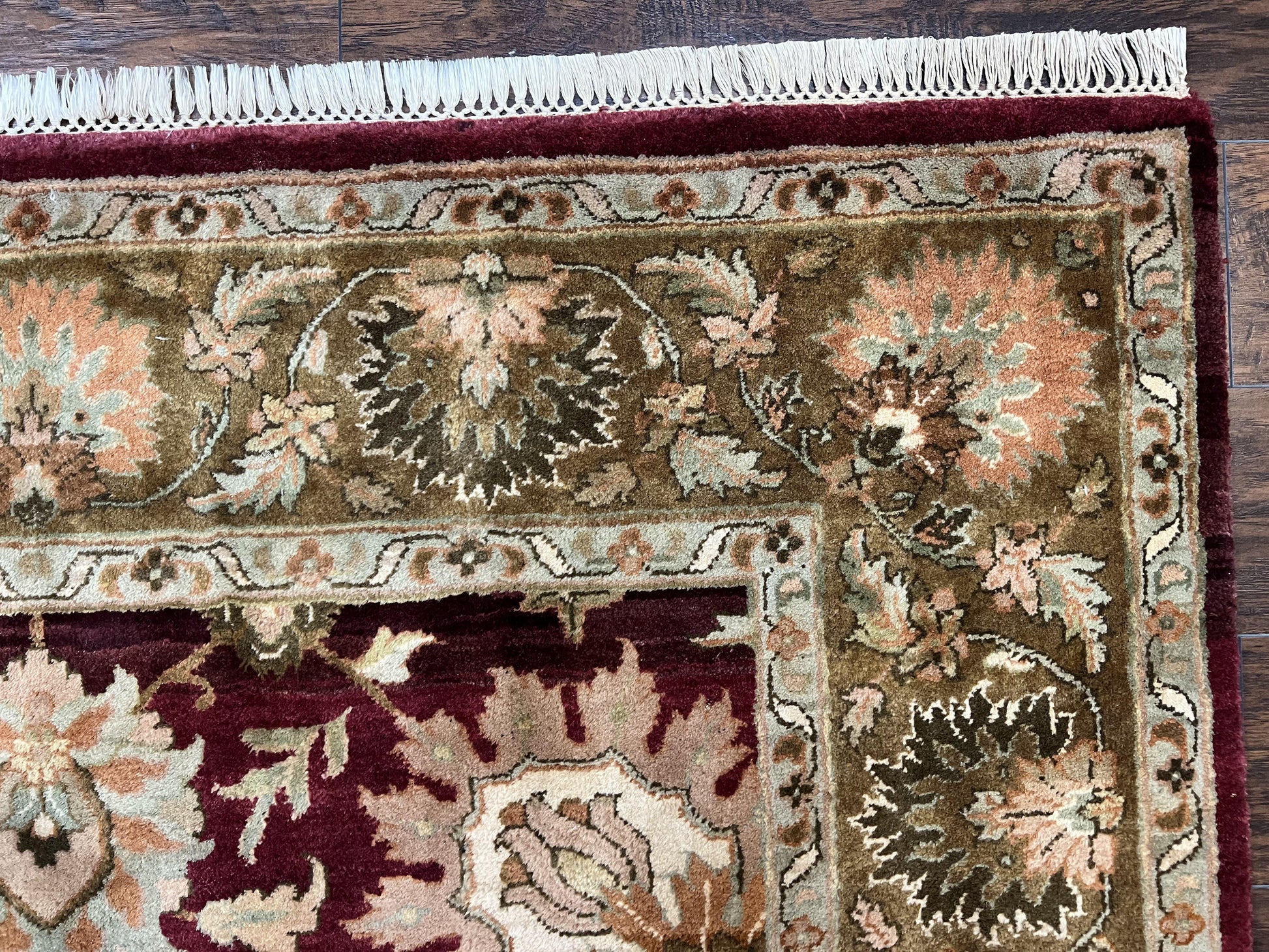 Indo Mahal Rug 6x9, Large Flowers Allover, Maroon and Green, Handmade Wool Area Rug, Vintage Rug, Indian Oriental Carpet, Hand Knotted Rug - Nuvé