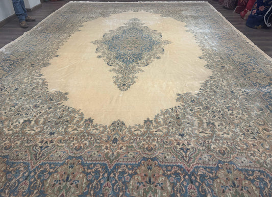 Palace Size Persian Kerman Rug 12x18, Floral Kirman Rug, Ivory Light Blue Pink, Pastel Colors, Vintage Persian Rug, Signed, Fine 240 KPSI - Nuvé