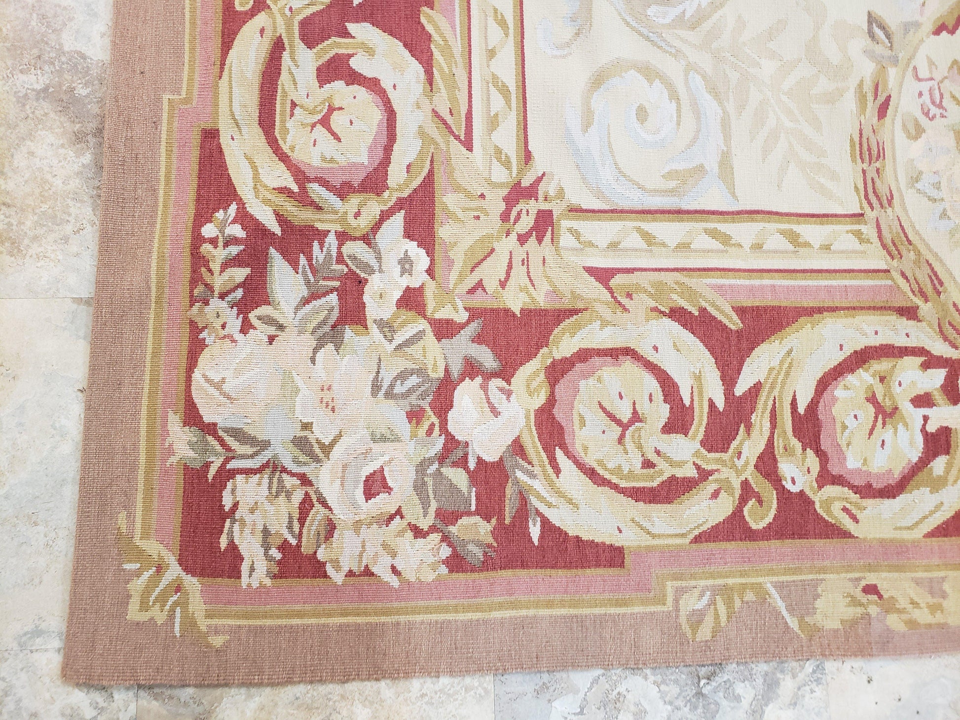 Aubusson Rug 6x9, Elegant Flatweave Rug, Aubusson Savonnerie 6 x 9 Flatweave Area Rug, Cream and Red, Wool Hand Woven Carpet, Medium Size - Nuvé