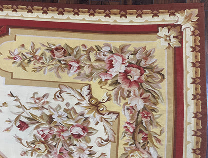 Aubusson Rug 9x12, Elegant Flatweave Savonnerie Carpet 9 x 12 ft, Ivory Light Yellow Red, Handmade Wool Flatweave French European Rug - Nuvé