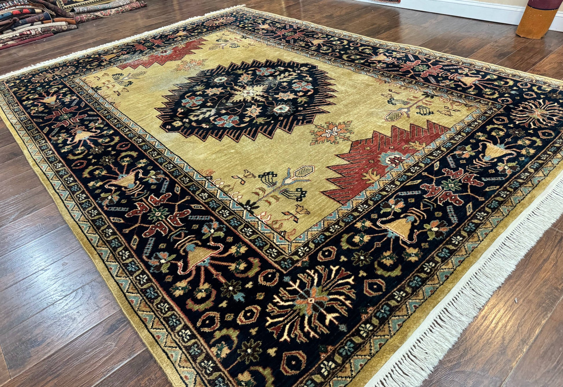 Indo Persian Heriz Rug 8x12, Camel Hair Tan and Navy Blue, Decorative - Nuvé
