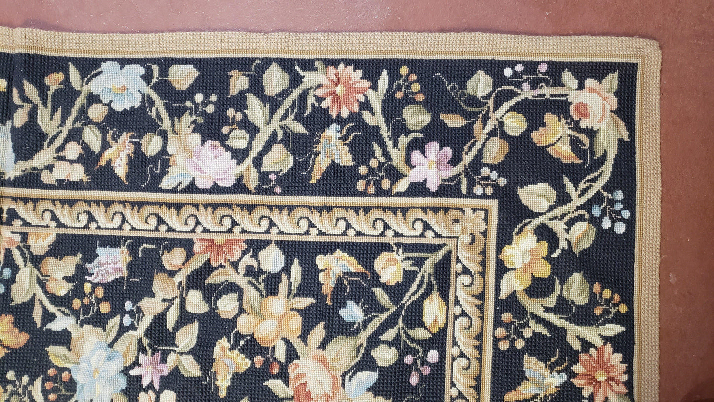 6x9 Vintage Needlepoint Rug Petitepoint Carpet Butterflies Floral Design Dark Brown & Tan 6 x 9 Handmade Flatweave Area Rug - Nuvé